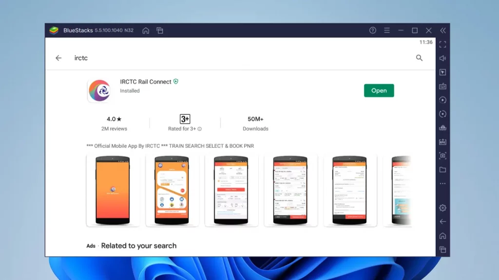 IRCTC app in Bluestacks