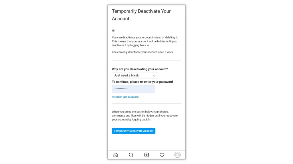 Temporarily deactivate your instagram account