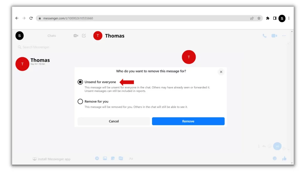 Messenger web Unsend for everyone option