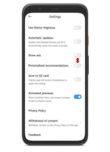 disabling Show ads option in Xiaomi Themes app