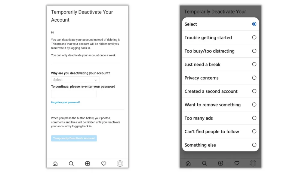 temporarily deactivate your Instagram account