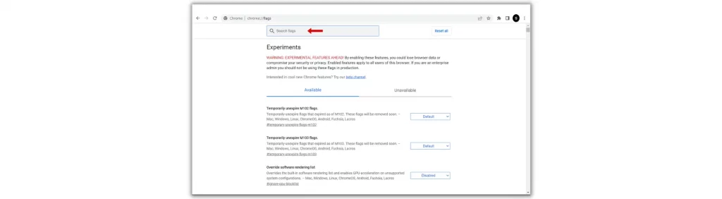 Chrome Flags page in PC