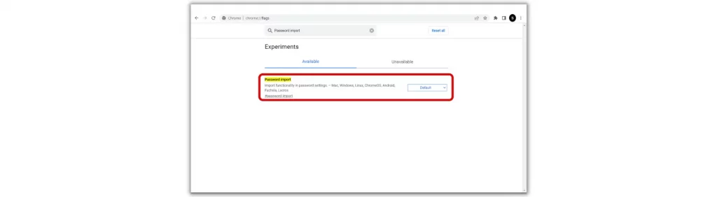 Password import flag in Chrome