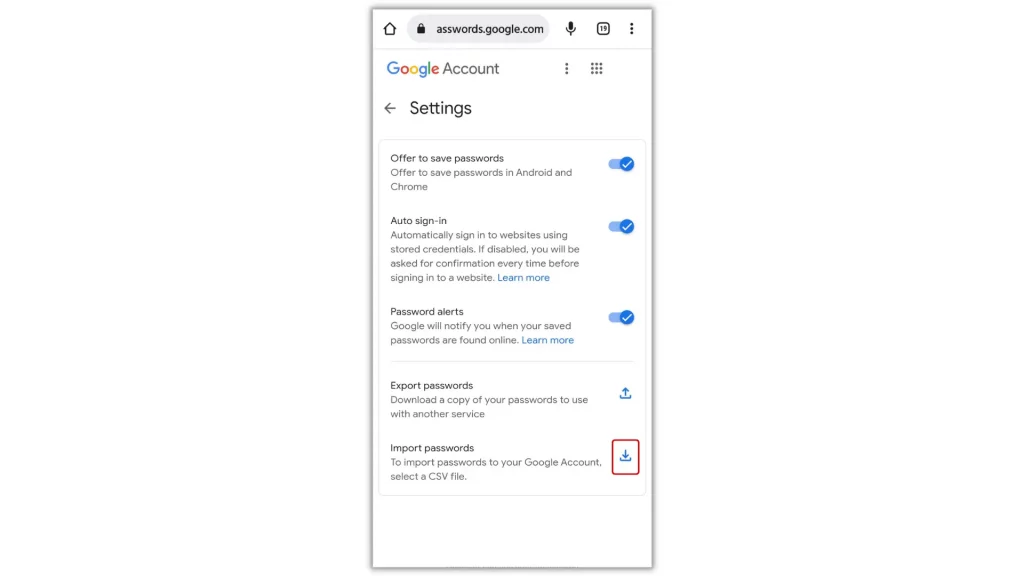 Import Password option in Chrome Android