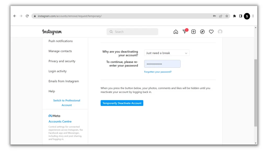Instagram temporarily deactivate account