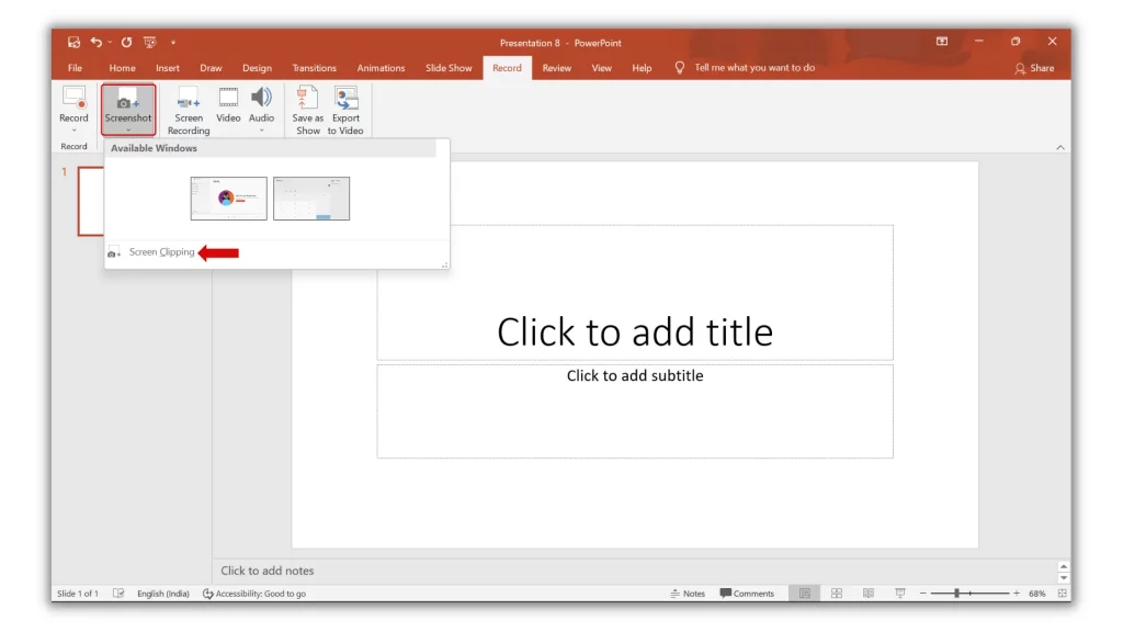 Screenshot option in Microsoft PowerPoint