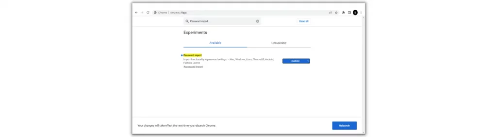 enabling password import flag in chrome PC
