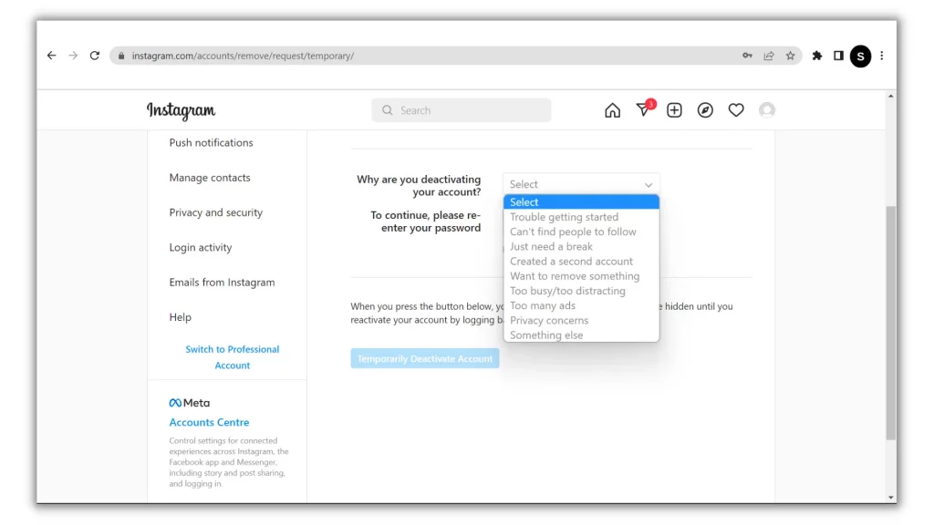 deactivating second instagram account