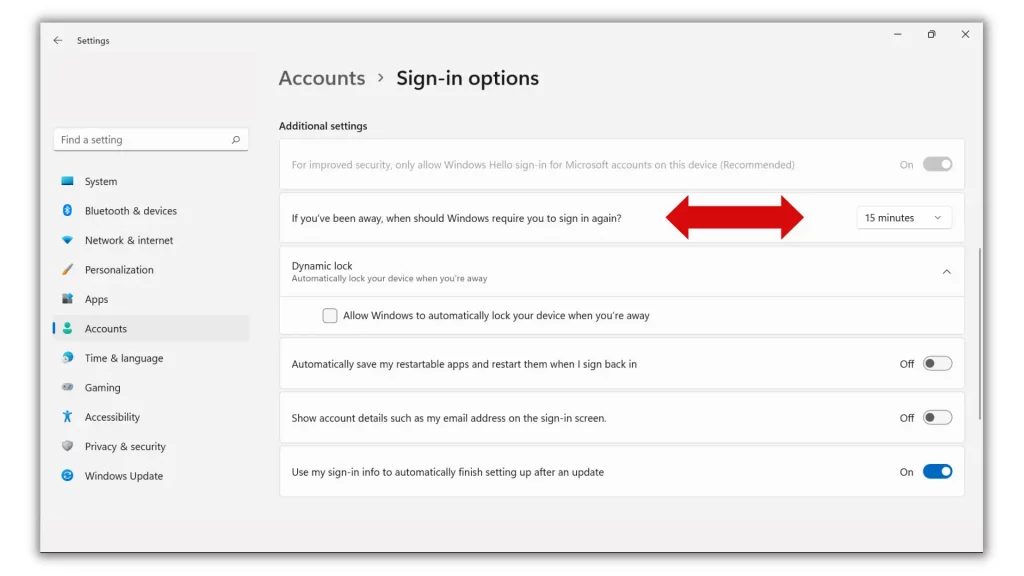 Windows 11 Settings app Accounts Sign in options turn off login after sleep