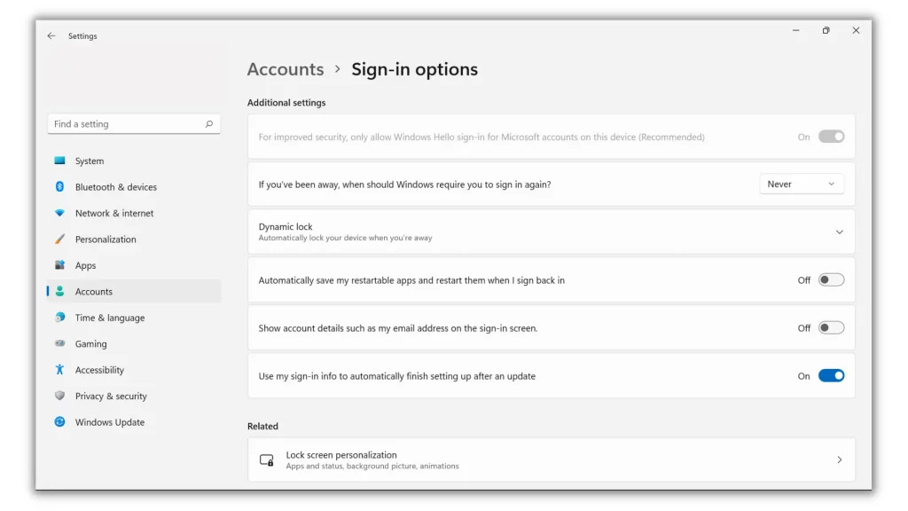 Windows 11 Settings app login after sleep disabled