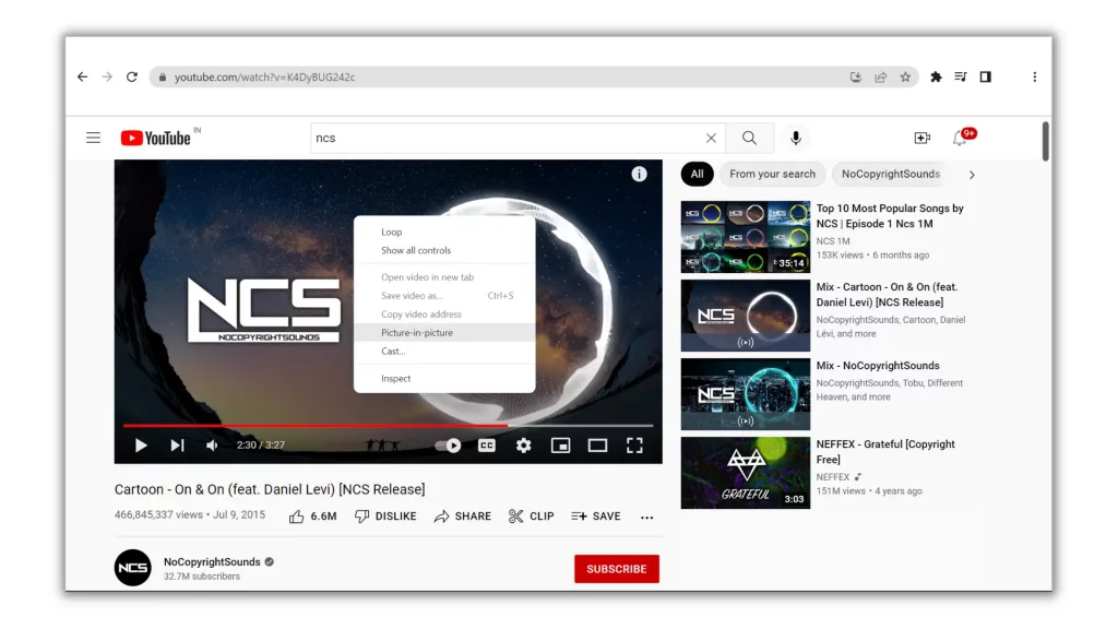 youtube picture in picture mode browser