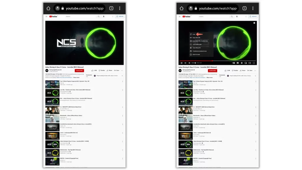 youtube video loop in chrome mobile